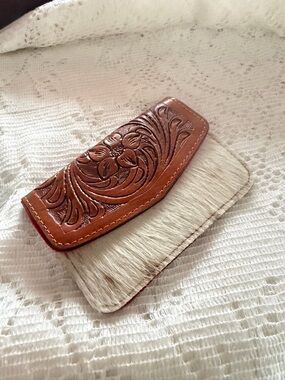 Tooled Leather & Hair-On Hide Mini Card Wallet - Brown and Cream
